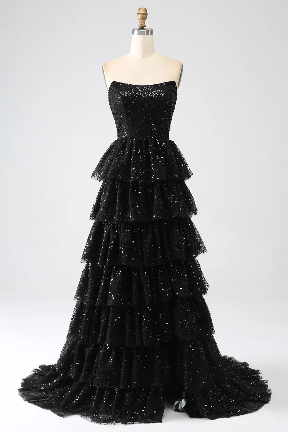 ZPKYYZL818 A Line Black Sequins Long Prom Dress