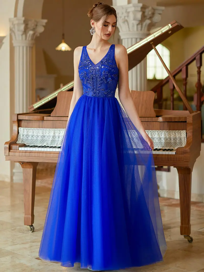 Elegant Royal Blue Beaded V-Neck Evening Gown - Sleeveless Tulle A-Line Prom Dress & Formal Maxi