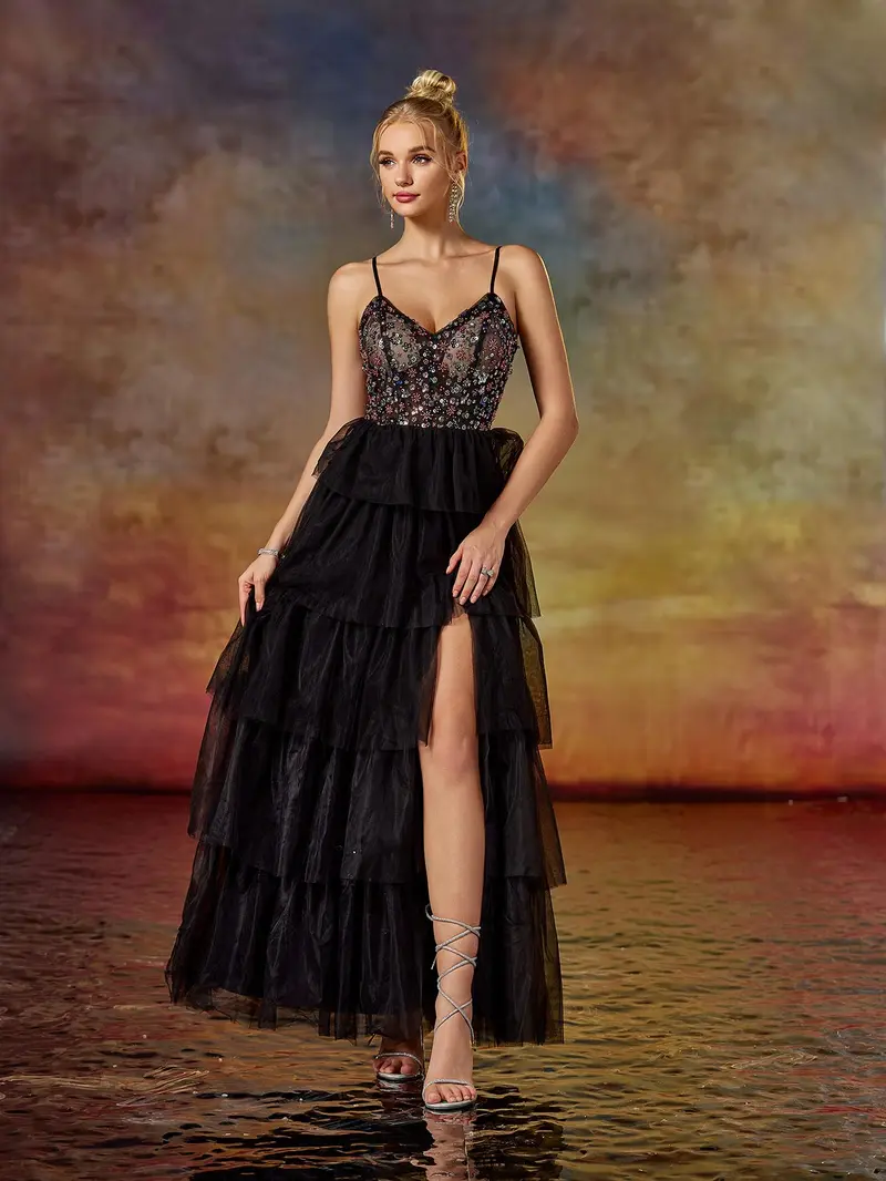 Exquisite Black Tiered Tulle Evening Gown - Floral Beaded Bodice Prom Dress with High Slit & Spaghetti Straps