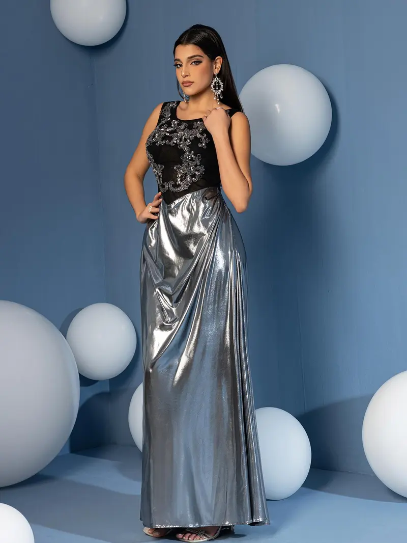 Black Applique Bodice & Metallic Silver Skirt Evening Gown - Scoop Neck Formal Prom Dress & Gala Maxi