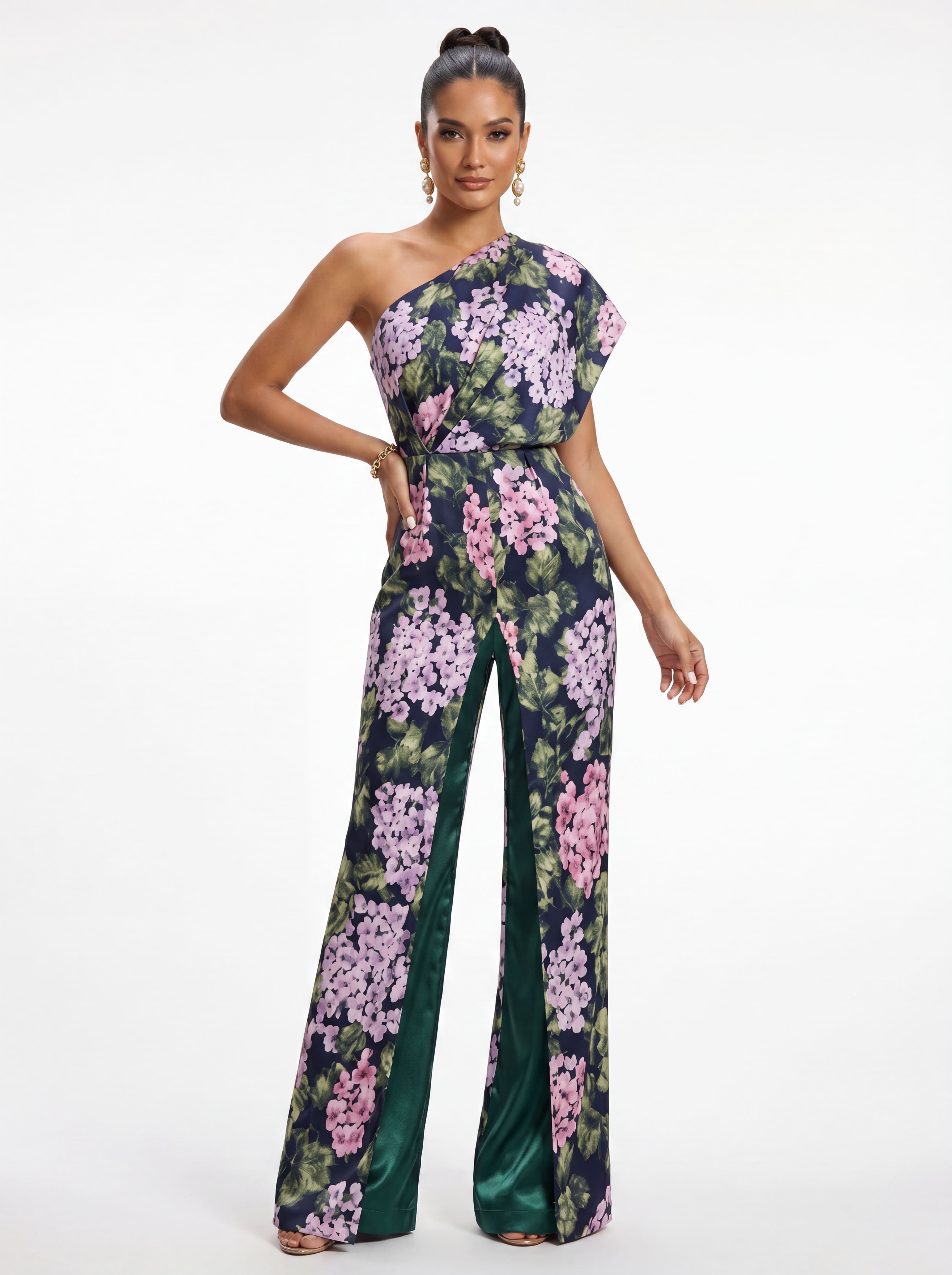 Emerald Green Floral One-Shoulder Formal Pantsuit - Mother of the Bride Jumpsuit with Overskirt & Pockets