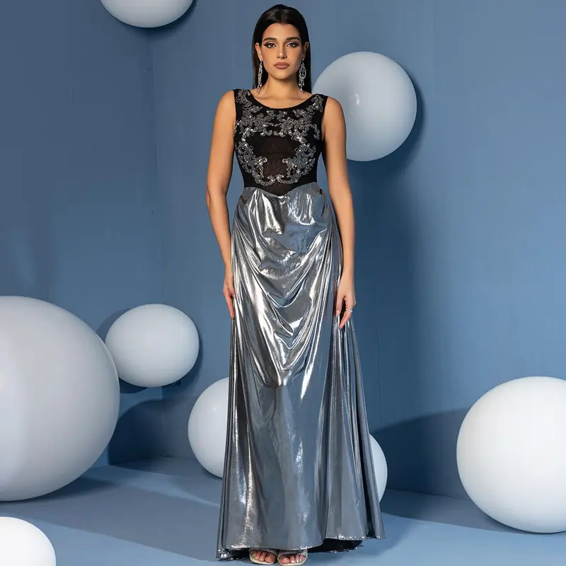 Black Applique Bodice & Metallic Silver Skirt Evening Gown - Scoop Neck Formal Prom Dress & Gala Maxi