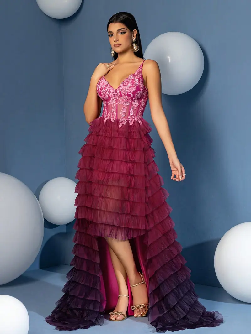 Ombré Pink to Purple High-Low Evening Gown - Sheer Corset Ruffled Tulle Prom Dress with Floral Embroidery