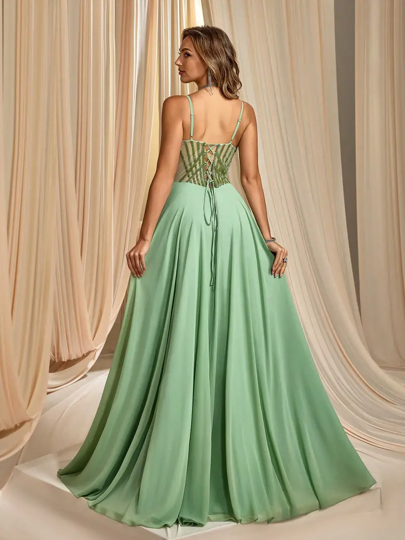 Sage Green Sheer Corset Prom Dress - Chiffon A-Line Evening Gown with High Slit & Sweetheart Neckline