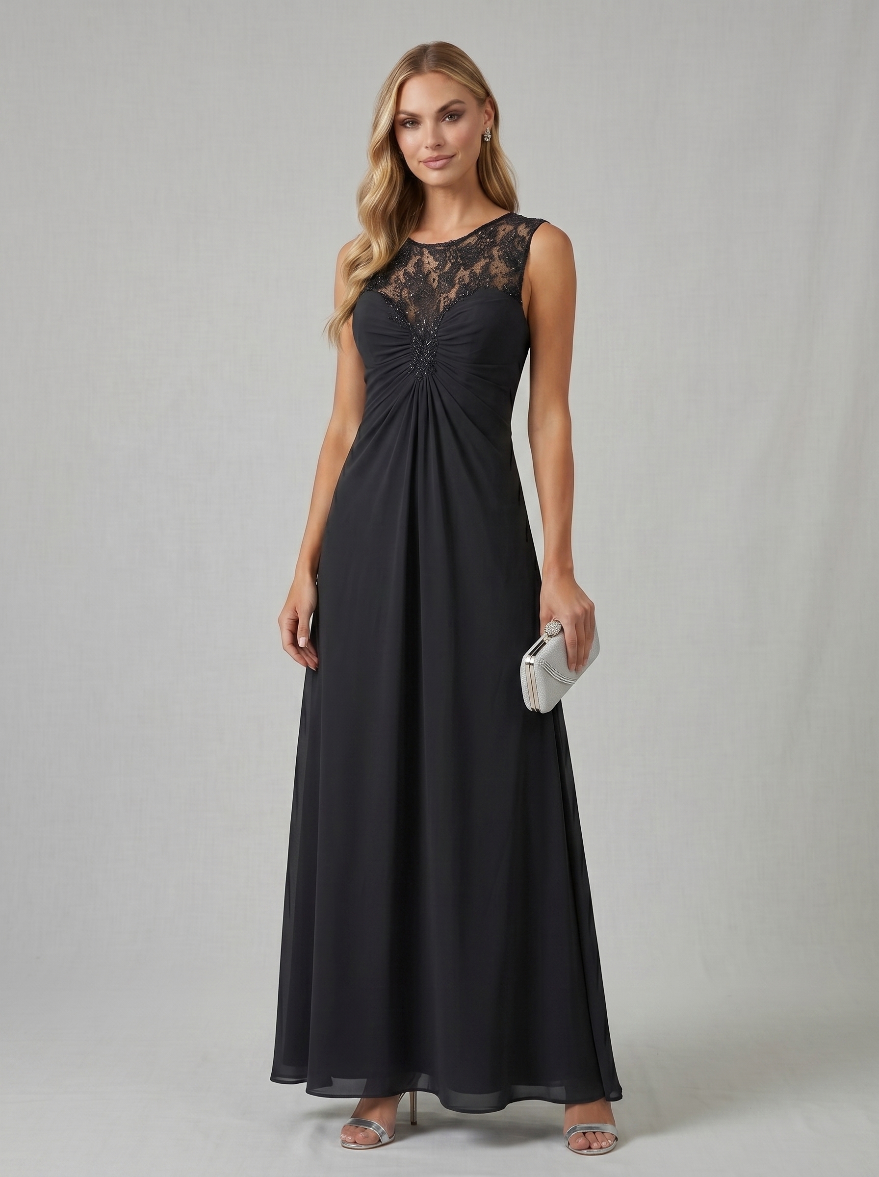 Elegant Sleeveless Lace Illusion Neckline Maxi Dress - Ruched Chiffon Formal Evening Gown for Wedding Guest, Bridesmaid & Prom