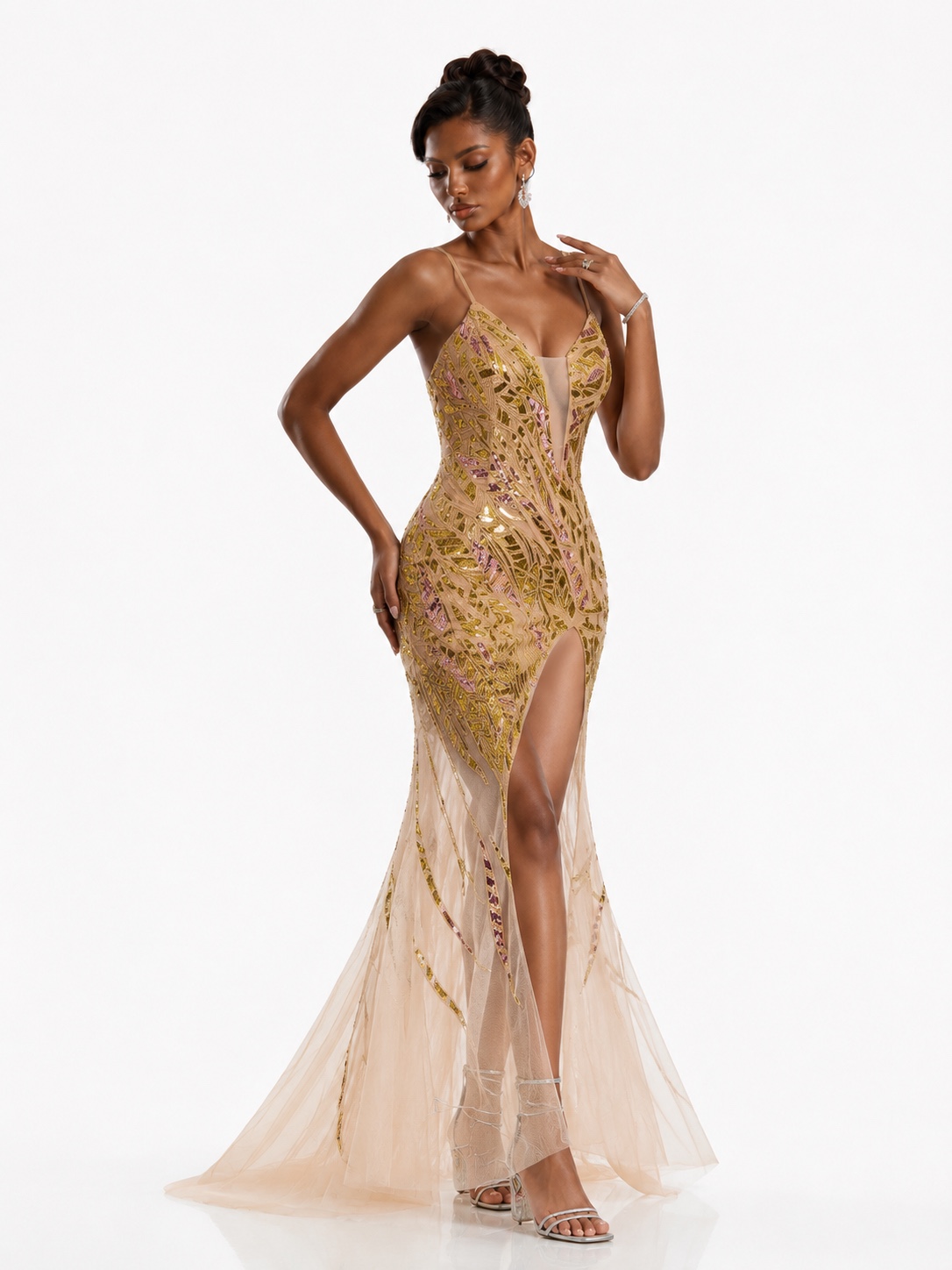 Golden Champagne Sequin Mermaid Prom Dress - Illusion V-Neck Evening Gown with High Slit & Tulle Train