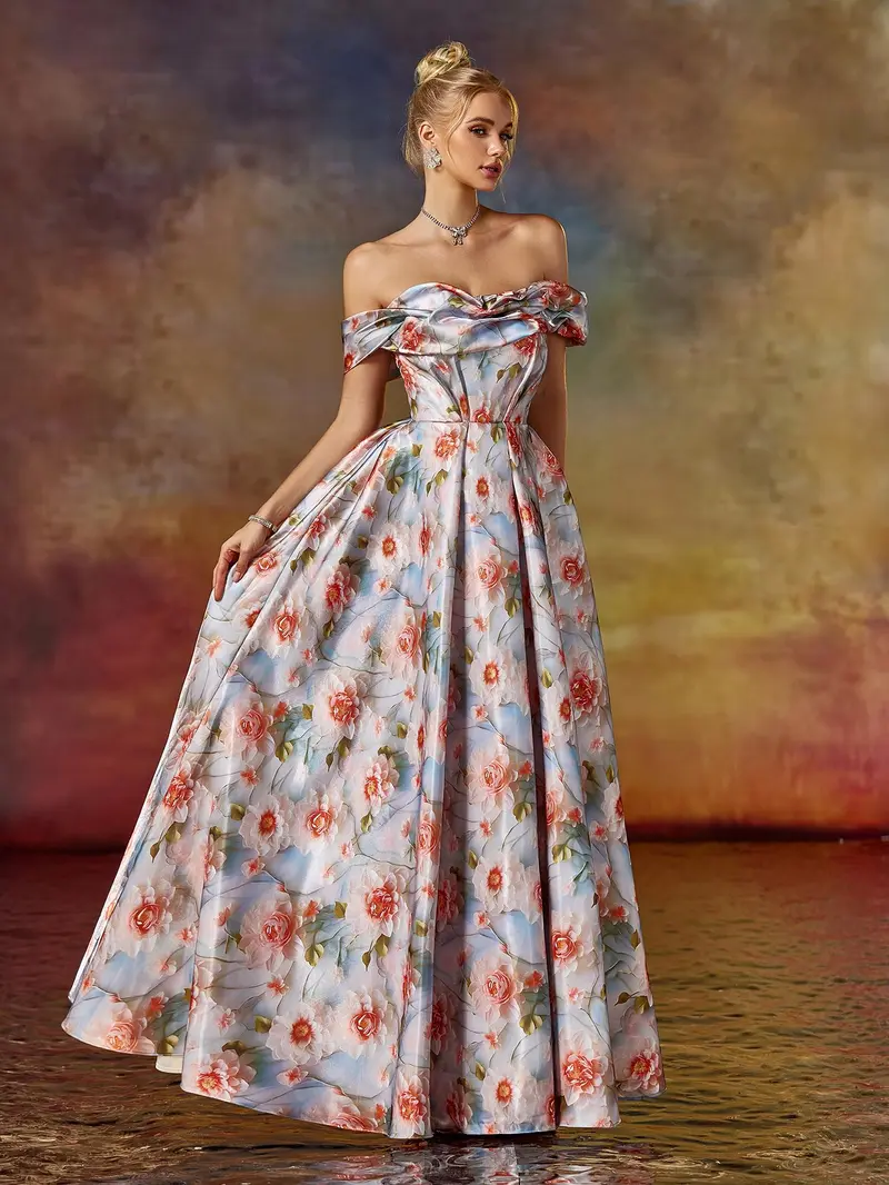 Vintage Floral Off-The-Shoulder Evening Gown - Pleated A-Line Prom Dress & Spring Wedding Guest Maxi