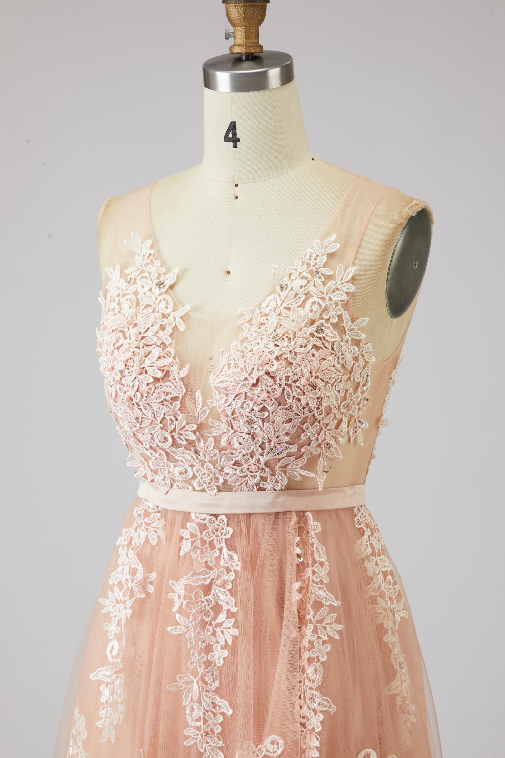Ethereal Deep V-Neck Lace Applique Tulle A-Line Evening Gown | Backless Maxi Prom Dress for Formal Events