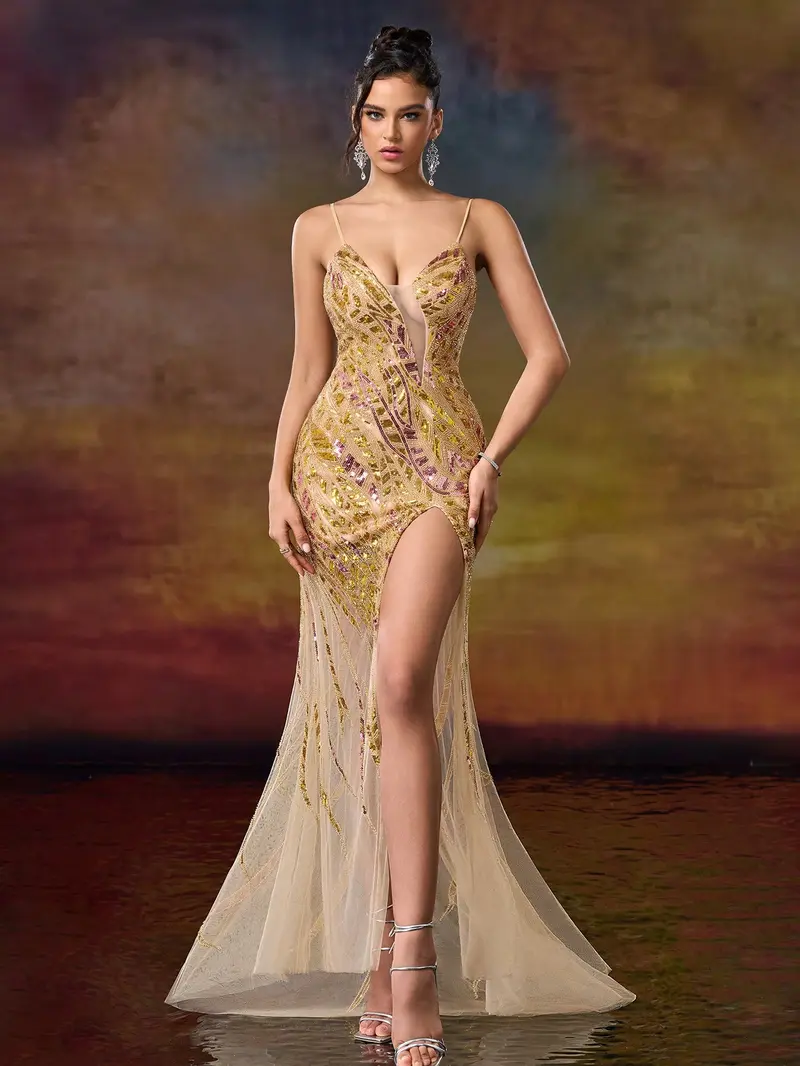 Golden Champagne Sequin Mermaid Prom Dress - Illusion V-Neck Evening Gown with High Slit & Tulle Train