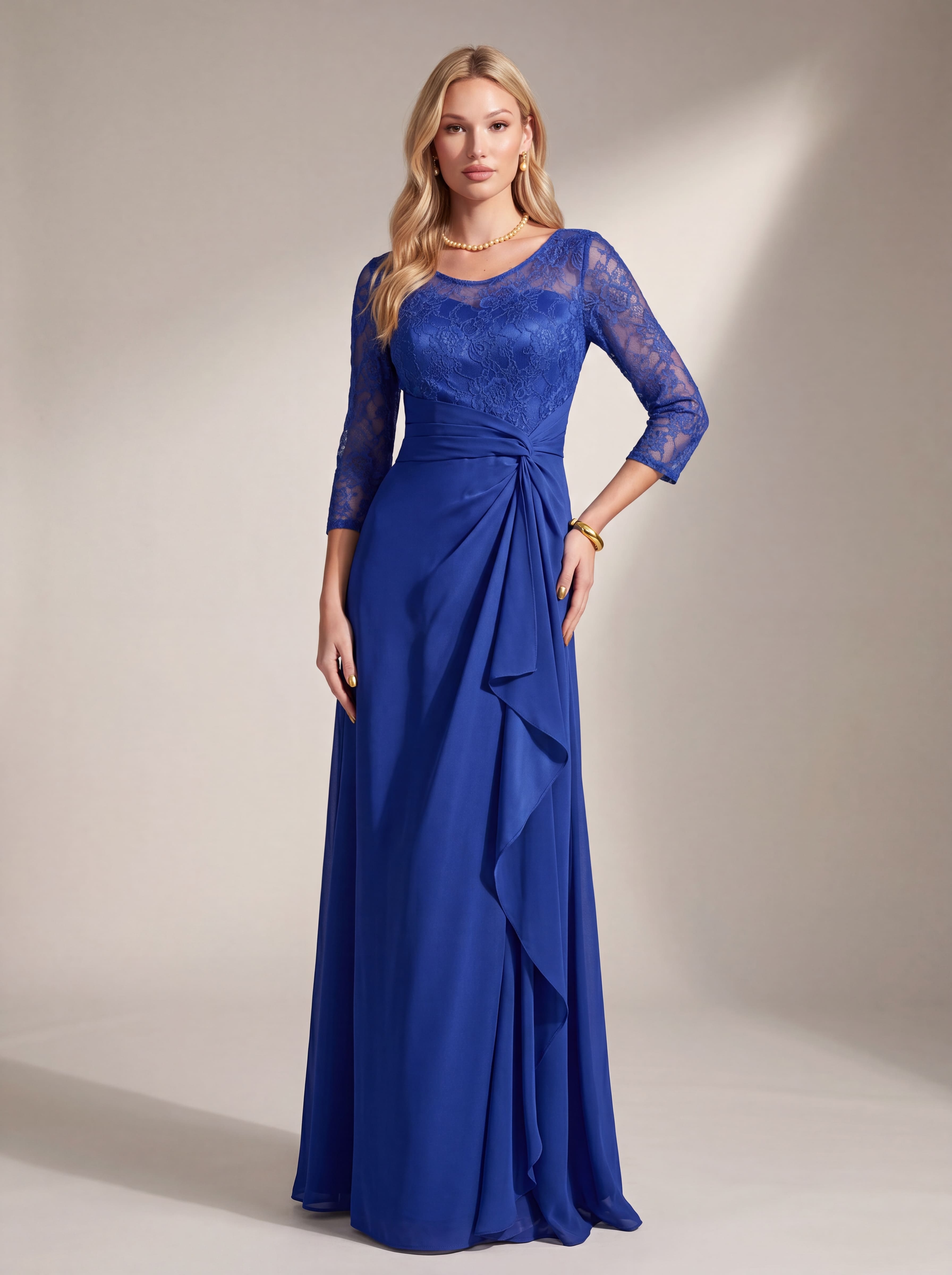 Elegant 3/4 Sleeve Lace Bodice Chiffon Maxi Dress | Ruched Waist Formal Evening Gown