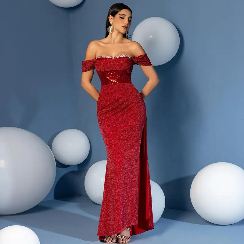 Glamorous Red Off-Shoulder Mermaid Prom Dress - Shimmer Sequin Bodycon Gown for Black-Tie Gala & Red Carpet
