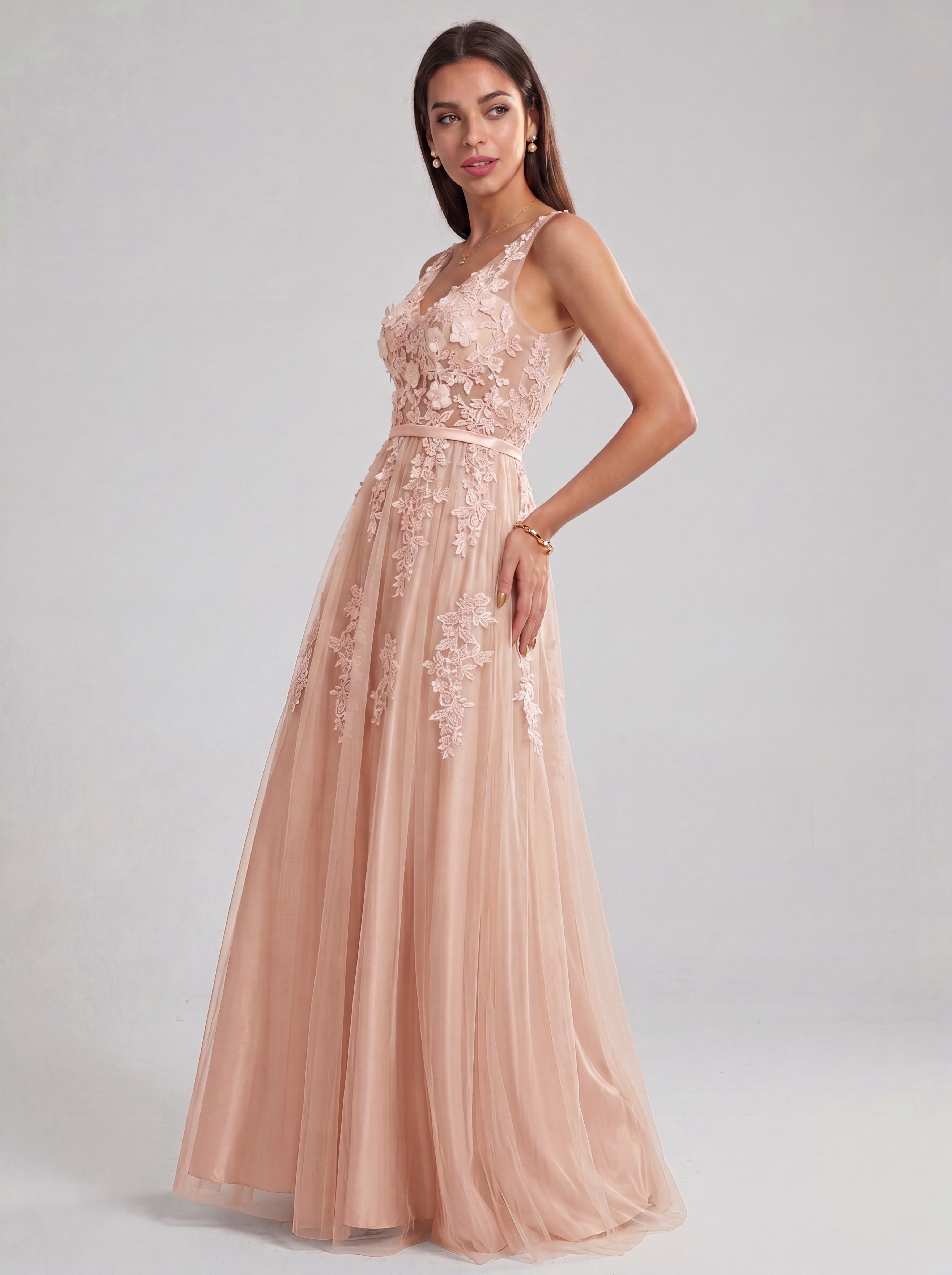 Ethereal Deep V-Neck Lace Applique Tulle A-Line Evening Gown | Backless Maxi Prom Dress for Formal Events