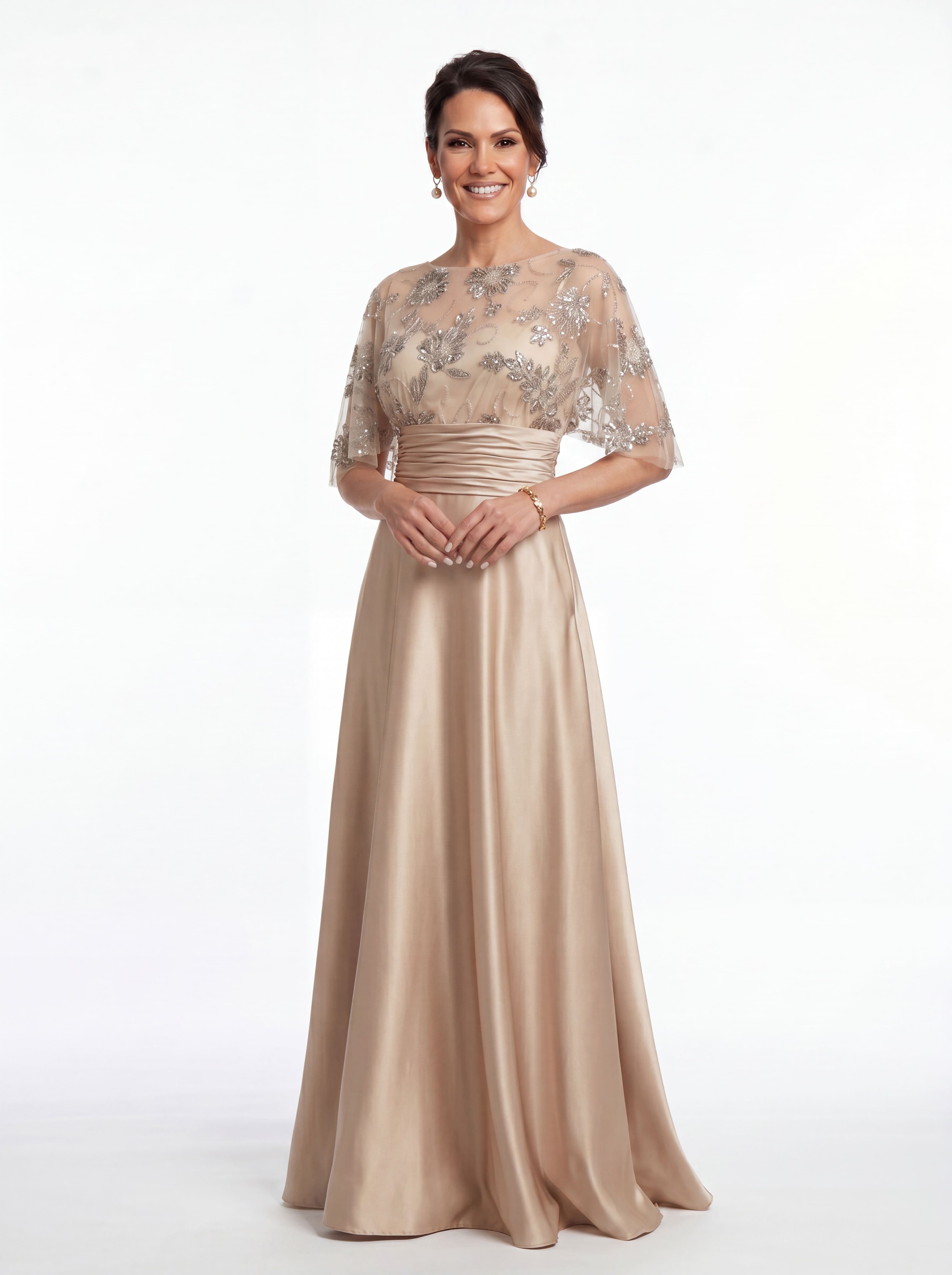 Champagne Floral Beaded Capelet Evening Gown - Ruched Satin A-Line mother of the Bride Dress