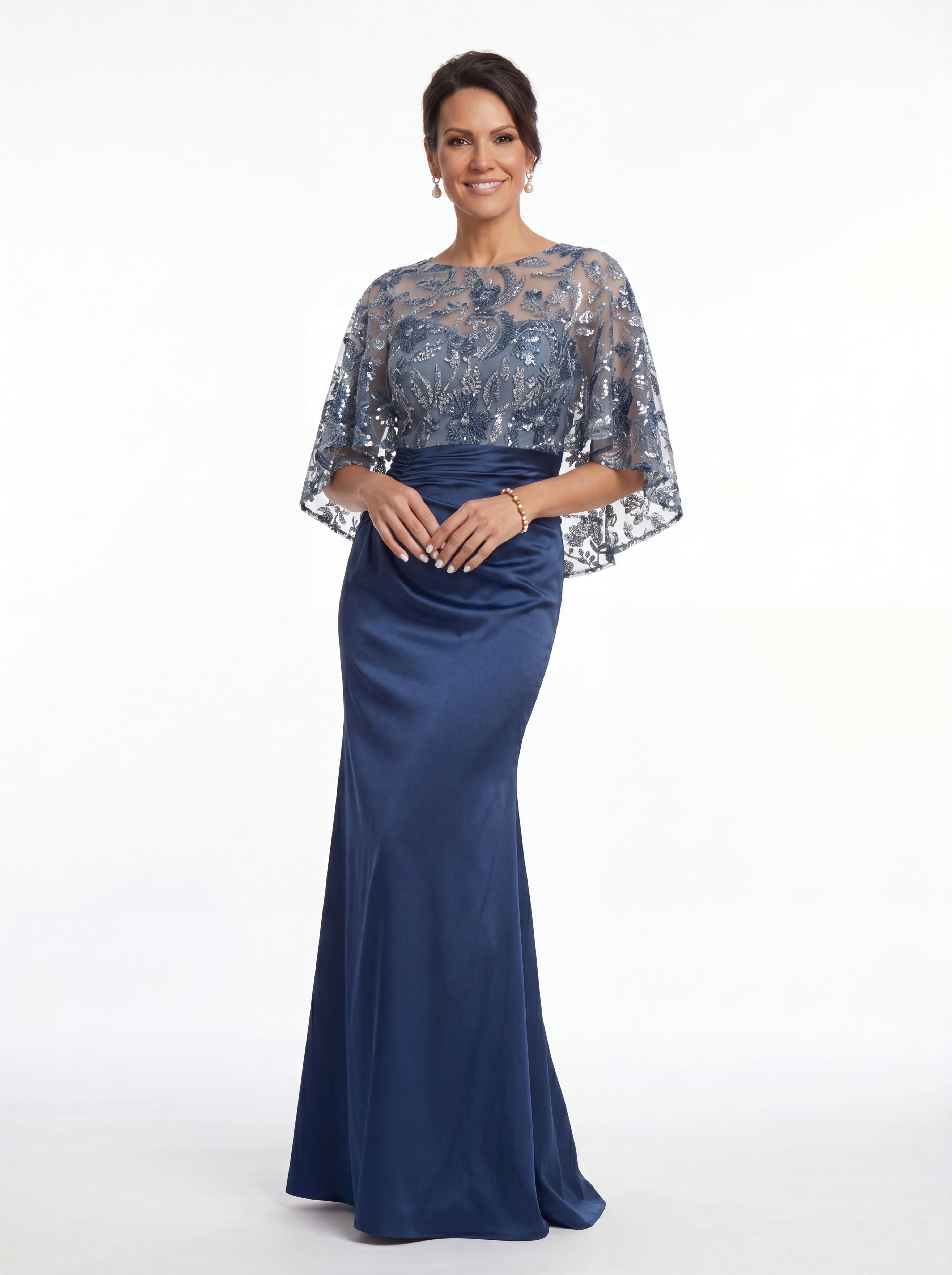 Navy Blue Sequin Capelet Evening Gown - Ruched Satin Mermaid Grandmother of the Bride Dress
