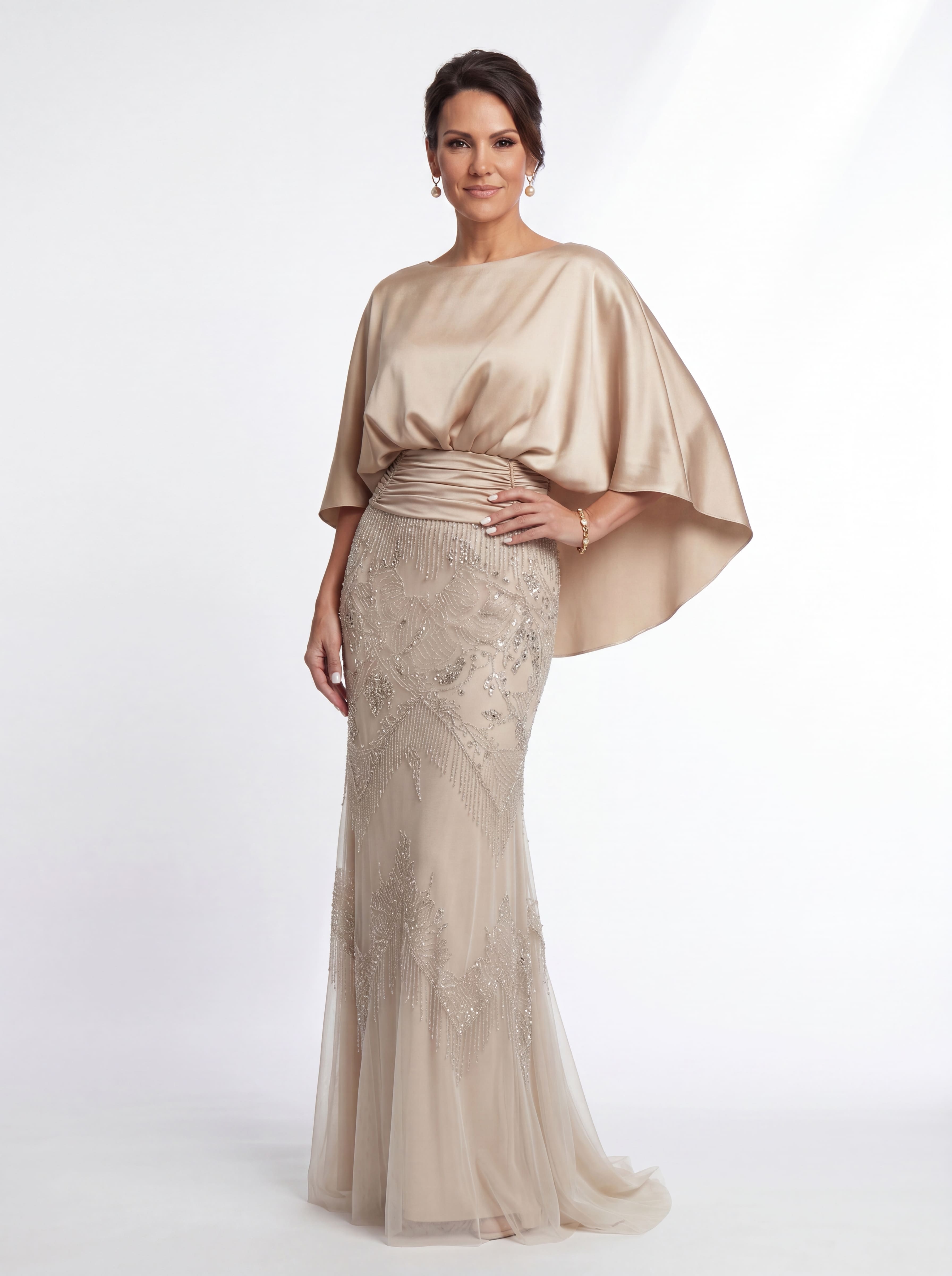 Champagne Art Deco Beaded Evening Gown - Satin Batwing mother of the Bride Dress with Pockets & Ruched Waist