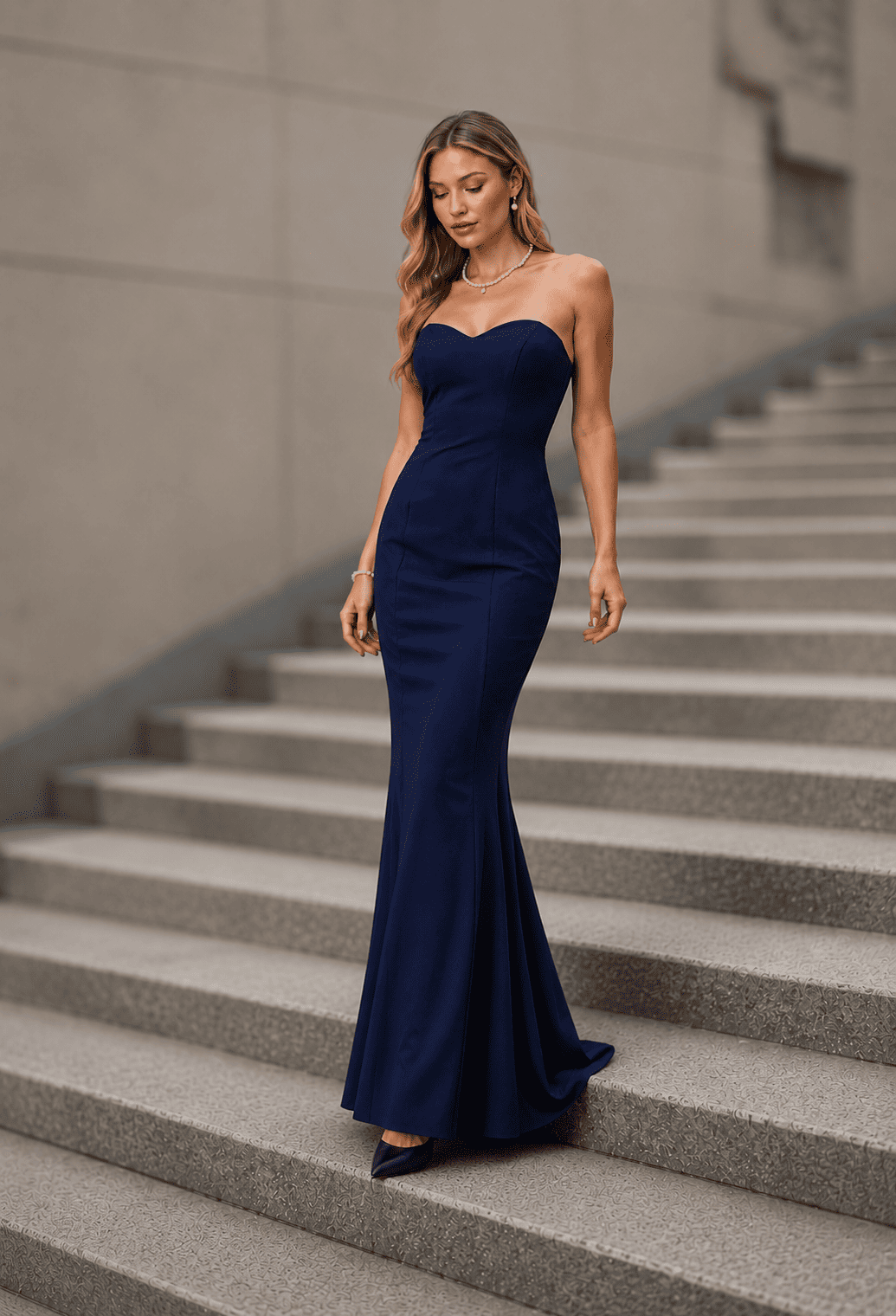 Navy Blue Strapless Sweetheart Mermaid Maxi Dress - Elegant Matte Satin Evening Gown for Prom, Gala, and Formal Wedding Guest