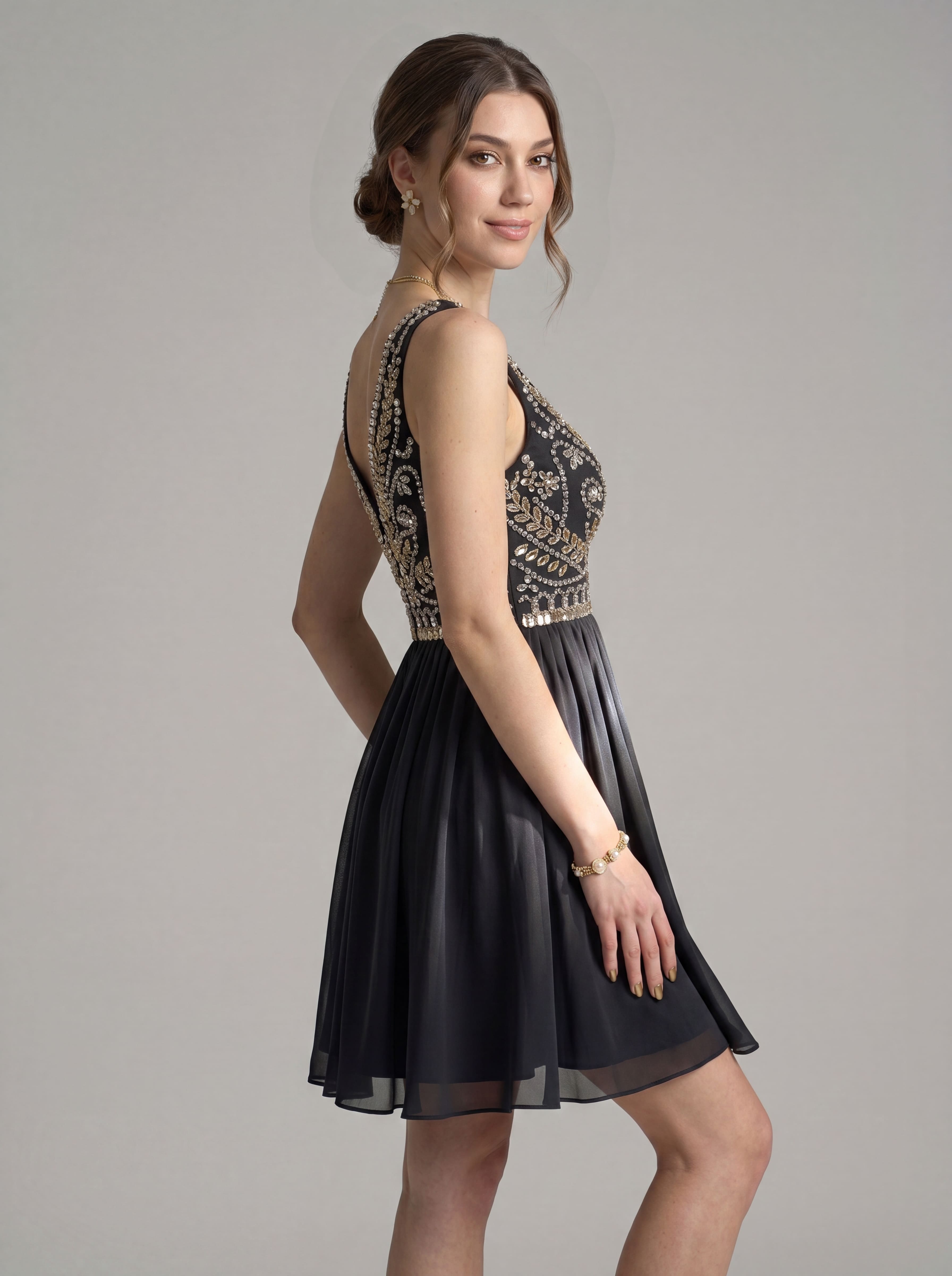 Short Beaded Homecoming Dress - Illusion Sleeveless Embellished A-Line Chiffon Cocktail Party Gown for Graduation & Prom