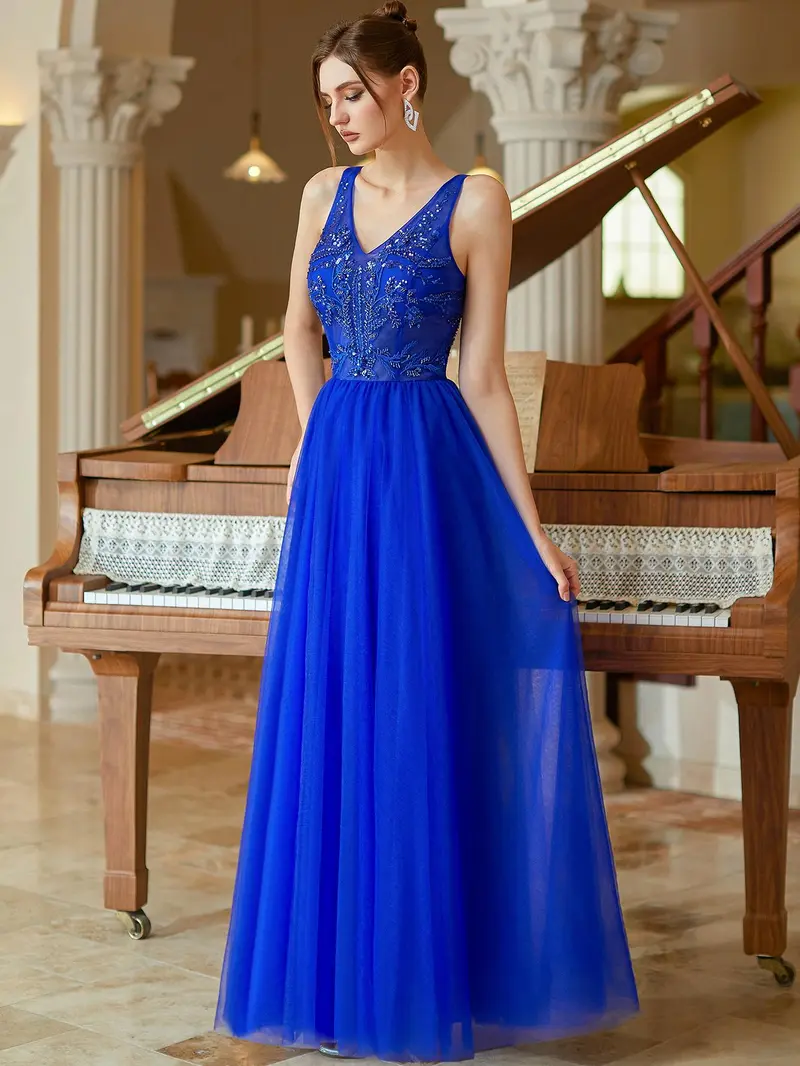 Elegant Royal Blue Beaded V-Neck Evening Gown - Sleeveless Tulle A-Line Prom Dress & Formal Maxi