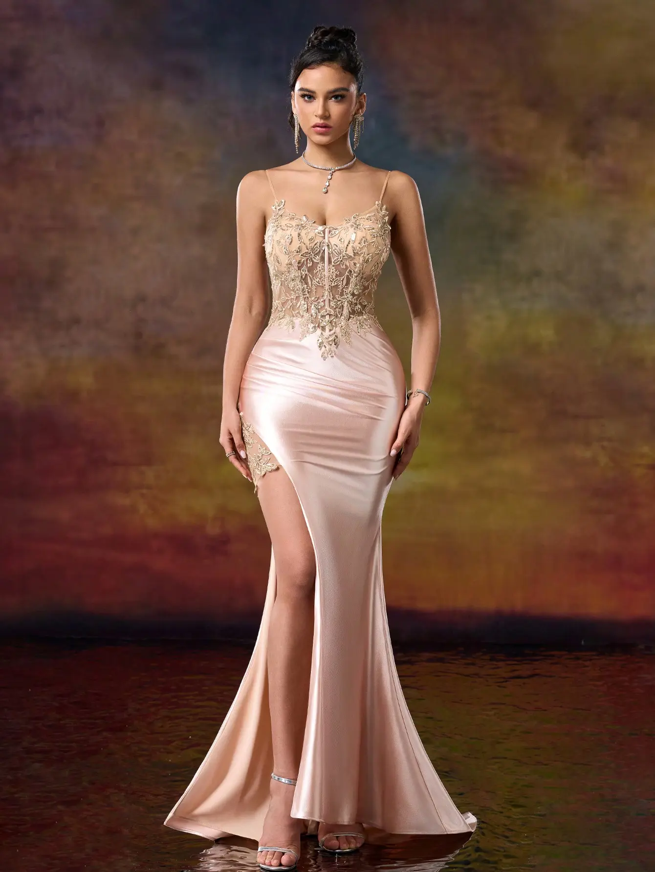 Blush Satin Mermaid Prom Dress - Illusion Gold Lace Corset Evening Gown with High Slit & Ruched Waist