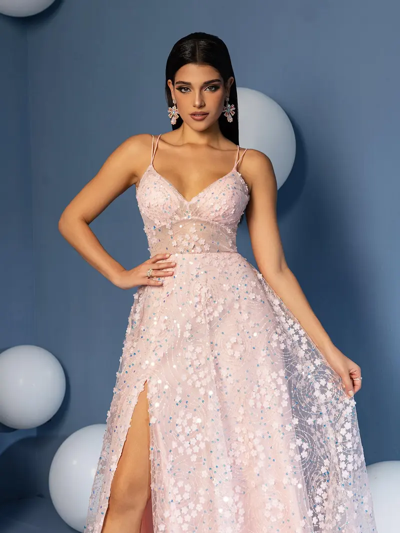 Romantic Blush 3D Floral A-Line Prom Dress - Spaghetti Strap V-Neck Evening Gown with High Slit & Illusion Waist