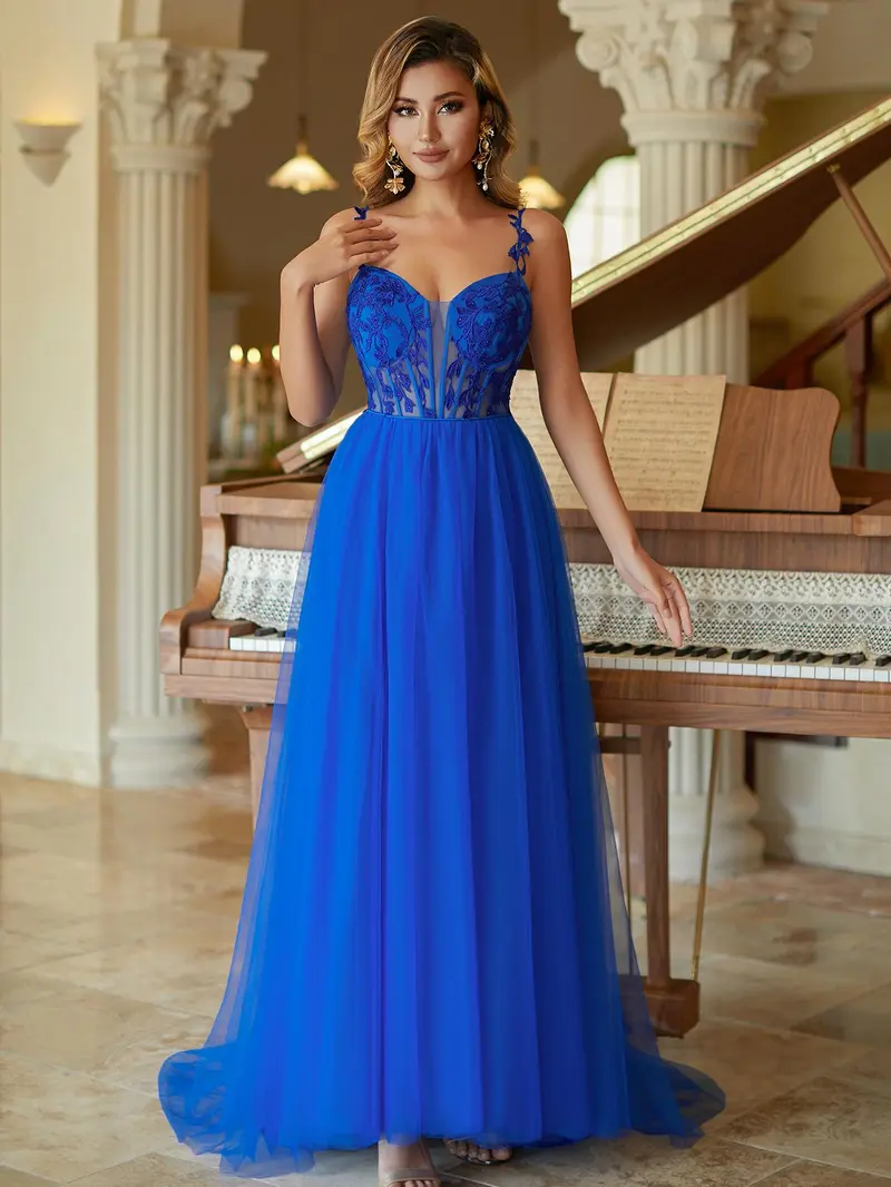 Elegant Royal Blue Lace Applique Prom Dress - Sweetheart Corset Evening Gown & Tulle Party Maxi