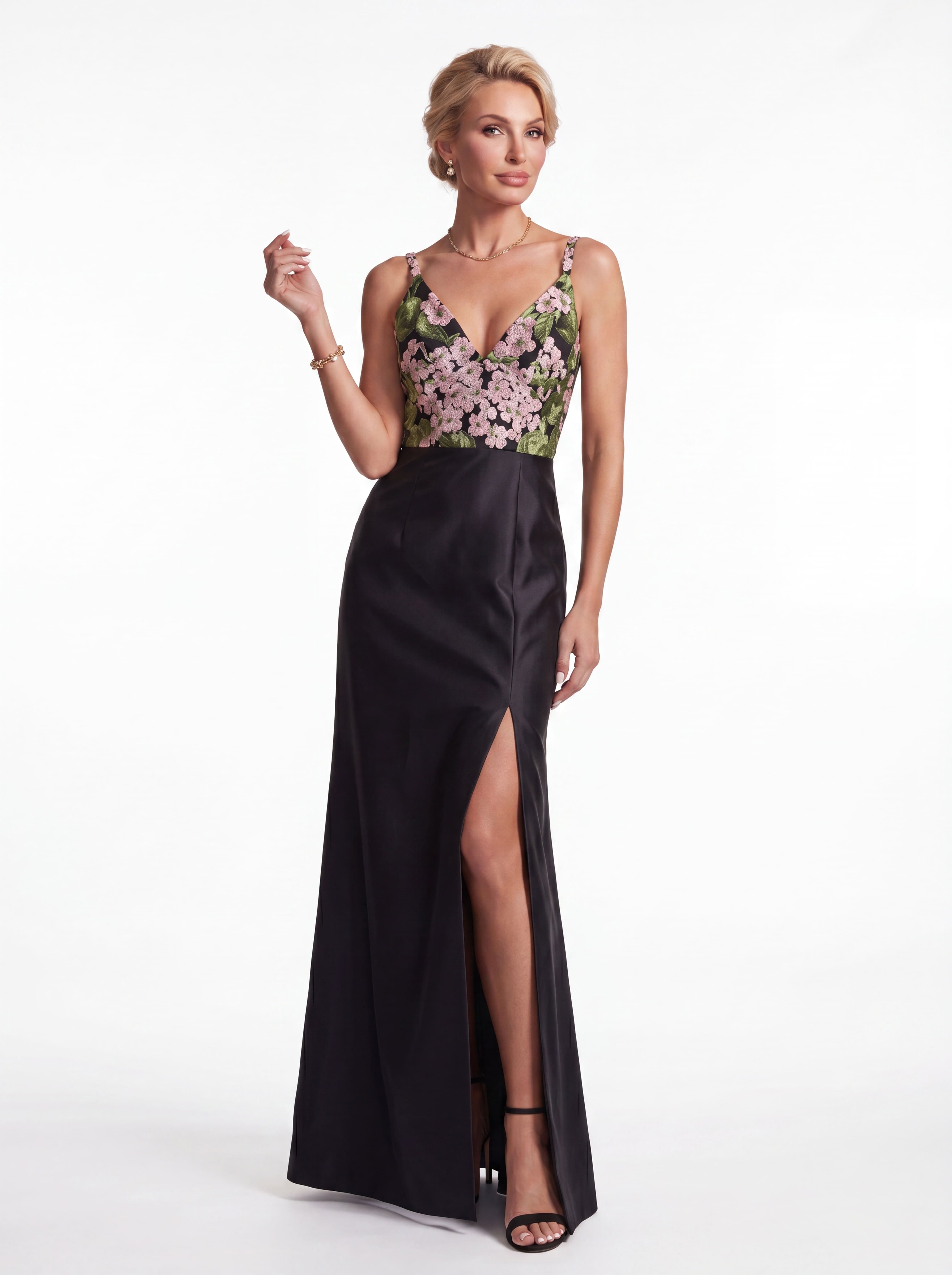 Black Floral Embroidered V-Neck Evening Gown - Structured Satin A-Line Mother of the Bride Dress with Slit