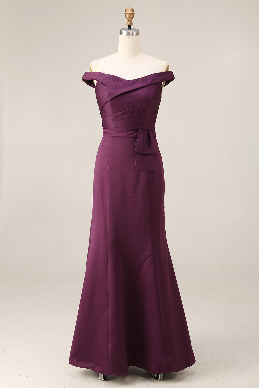 Plum Purple Off the Shoulder Evening Dress Long - Satin Mermaid Bridesmaid Gown with Side Bow
