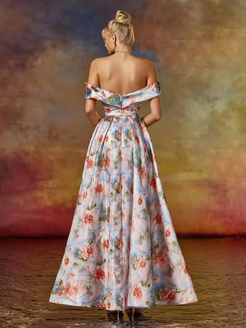 Vintage Floral Off-The-Shoulder Evening Gown - Pleated A-Line Prom Dress & Spring Wedding Guest Maxi
