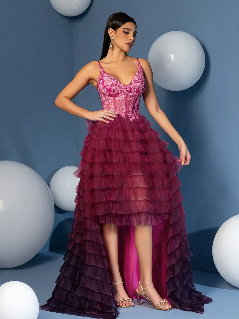 Ombré Pink to Purple High-Low Evening Gown - Sheer Corset Ruffled Tulle Prom Dress with Floral Embroidery