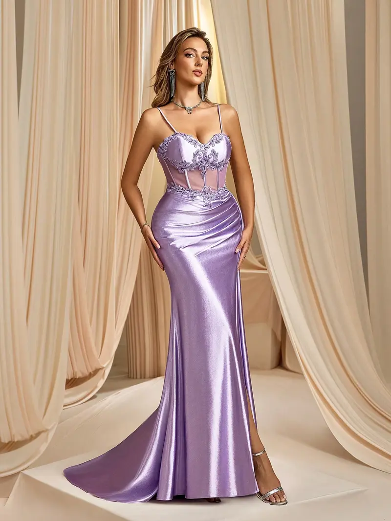 Champagne Gold Satin Mermaid Evening Gown - Illusion Lace Corset Prom Dress with High Slit & Spaghetti Straps