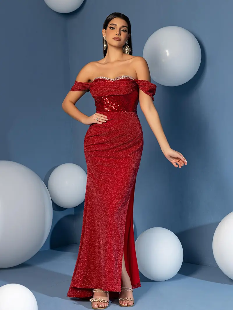 Glamorous Red Off-Shoulder Mermaid Prom Dress - Shimmer Sequin Bodycon Gown for Black-Tie Gala & Red Carpet