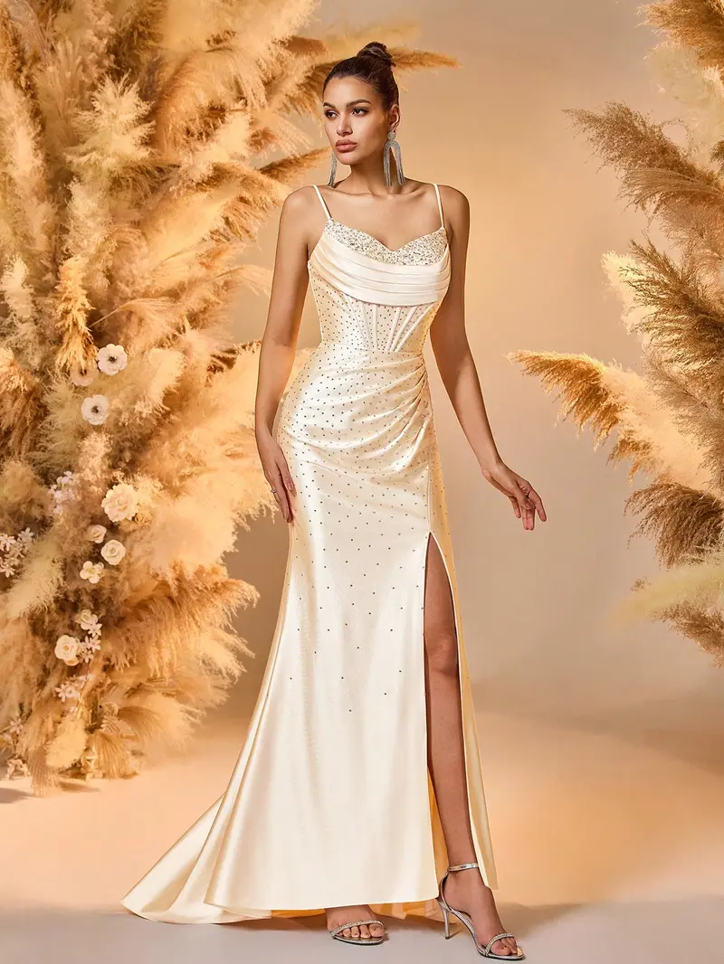 Champagne Satin Rhinestone Mermaid Prom Dress - Ruched Corset Evening Gown with High Slit
