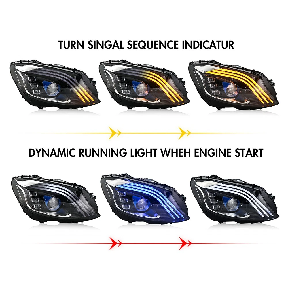 For 2015-2020 Mercedes-Benz W205 Full LED Headlights Assembly w/Blue Animation