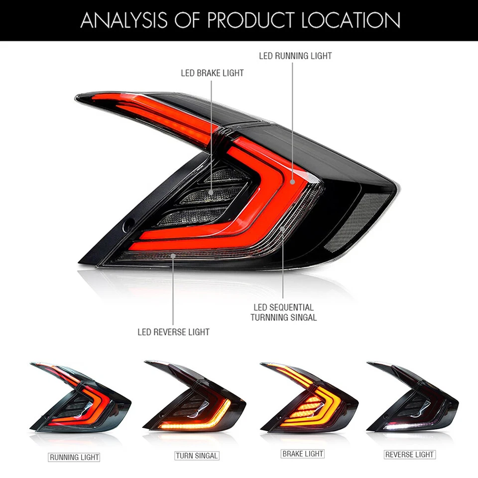 LED Tail Lights For Honda Civic Sedan 2016-2021 Sequential Signal Rear Lamps