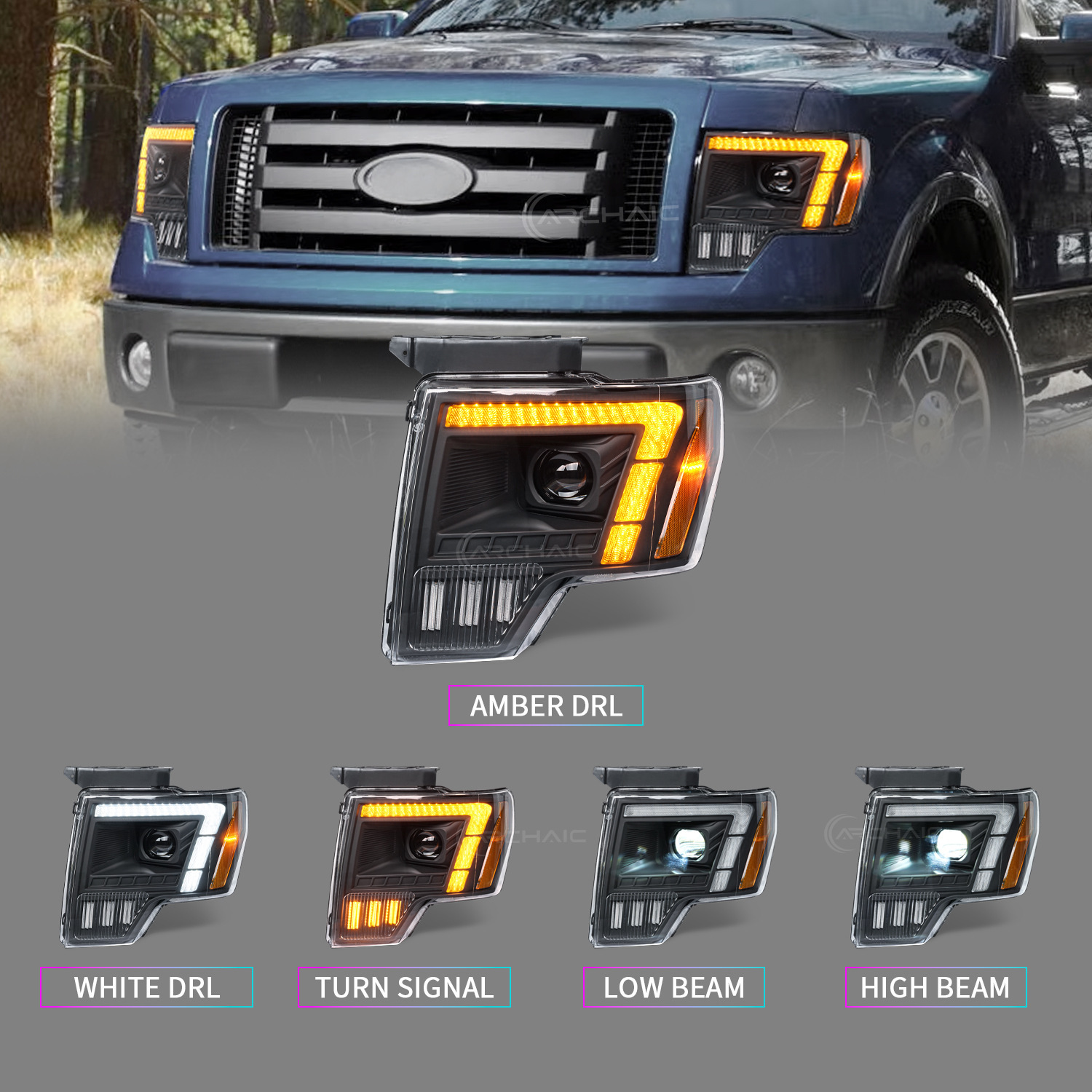 12V New LED Headlights for F-150/F-150 Raptor 2009-2014 F Design Front Lamp with Sequential Turn Signal