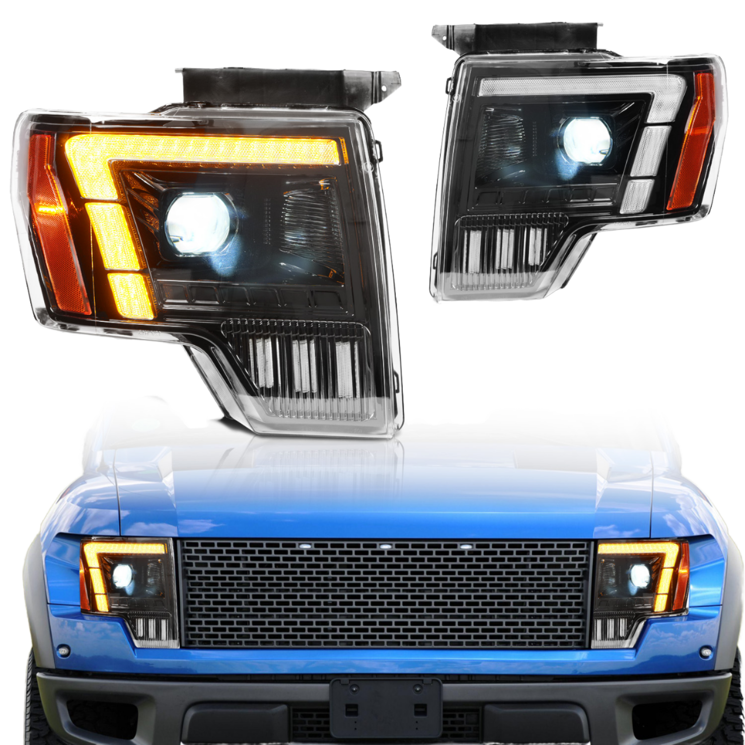 12V New LED Headlights for F-150/F-150 Raptor 2009-2014 F Design Front Lamp with Sequential Turn Signal