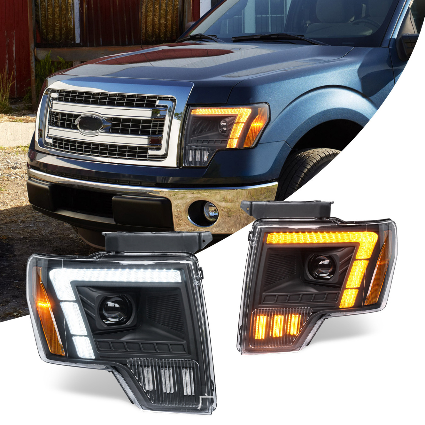 12V New LED Headlights for F-150/F-150 Raptor 2009-2014 F Design Front Lamp with Sequential Turn Signal