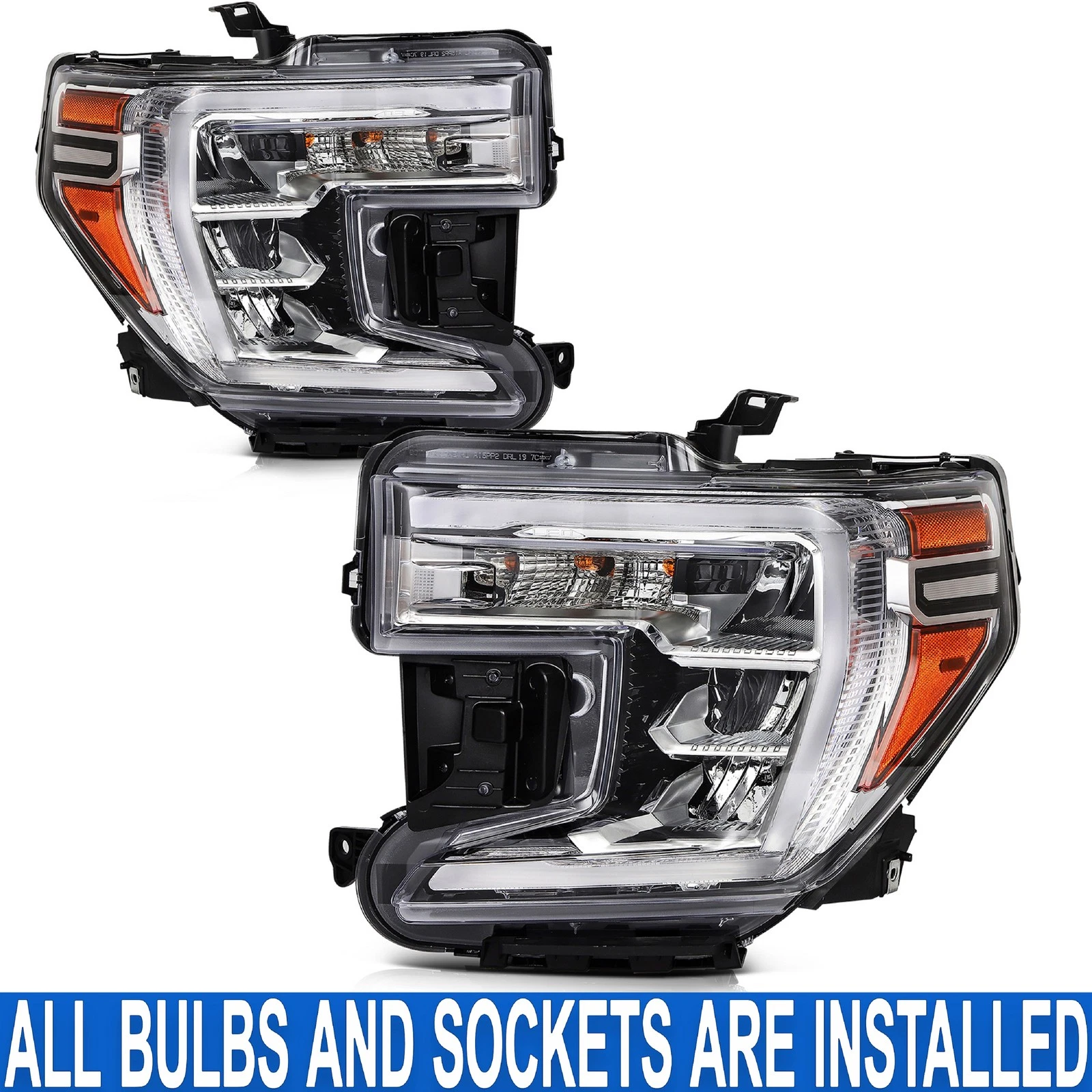 PAIR/SET Chrome LED DRL Headlight Assembly W/ Bulb For GMC Sierra 1500 2019-2022