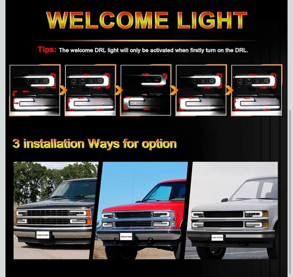 LED Headlights 88-98 Chevy GMC C/K 1500-3500 Tahoe Yukon DRL Turn