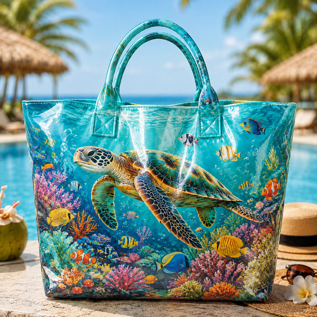 Sea Turtle Coral Reef Ocean PVC Beach Tote Bag