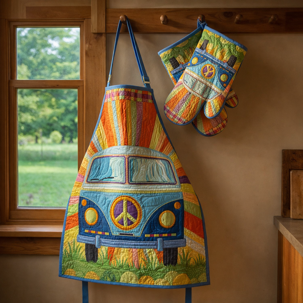 Hippie Van Quilted Apron Set (2-Piece) – Padded Apron + Heat-Resistant Oven Mitts
