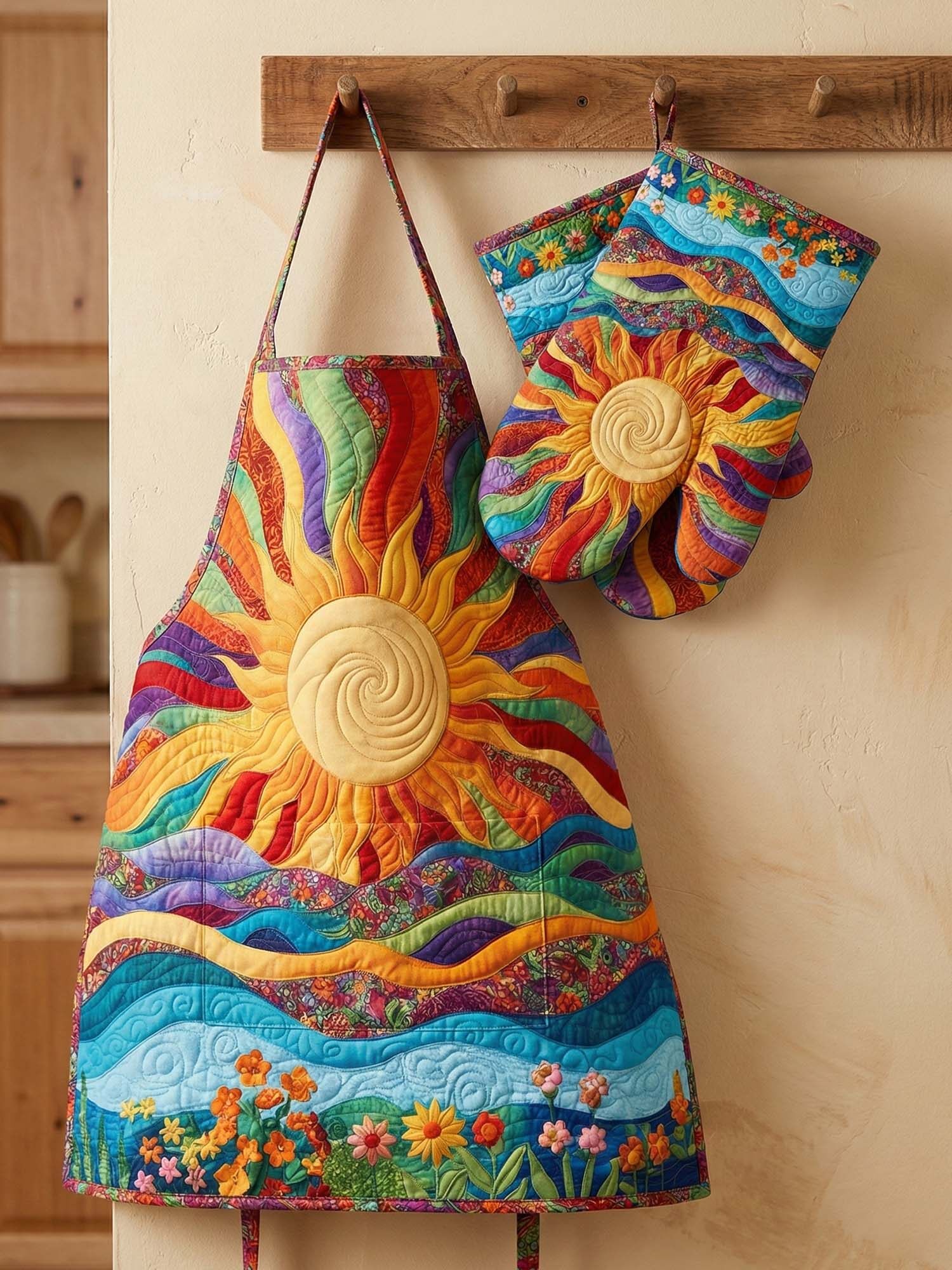 Hippie Sun Quilted Apron Set (2-Piece) – Padded Apron + Heat-Resistant Oven Mitts