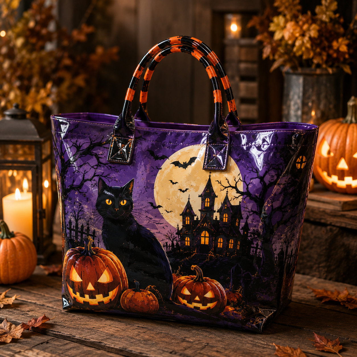 Black Cat Pumpkin Moon Halloween PVC Tote Bag