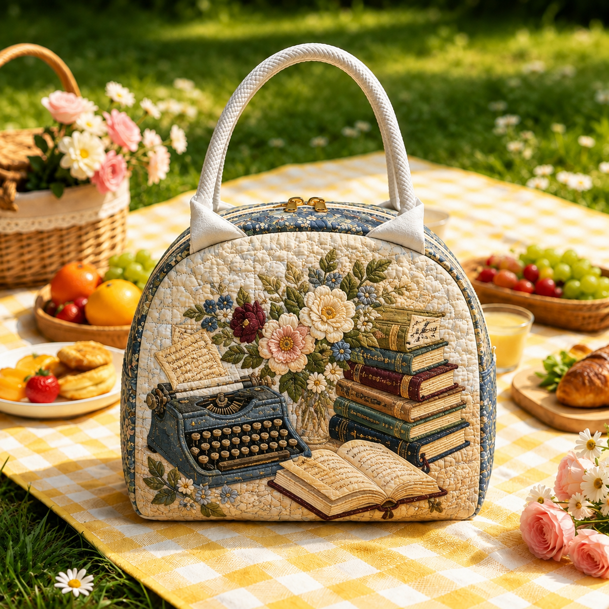 Vintage Typewriter & Books Quilted Lunch Bag