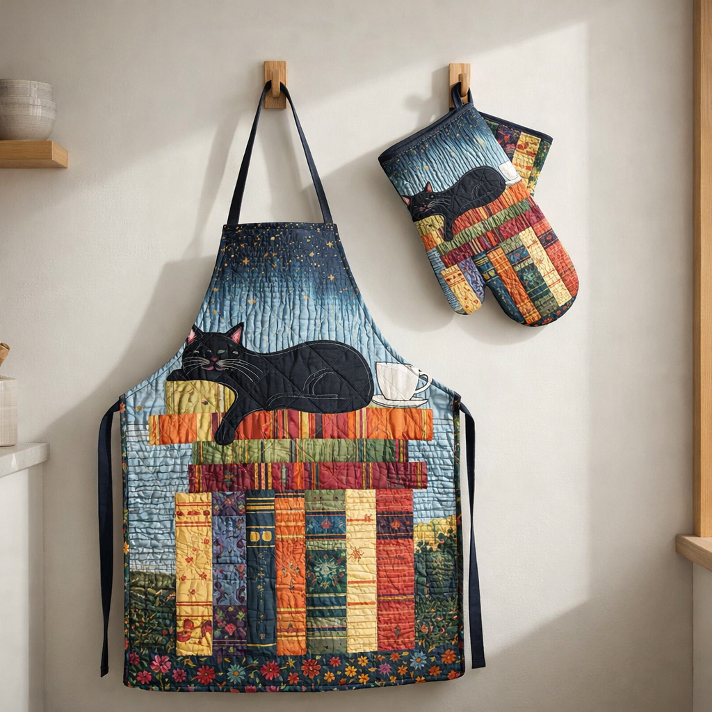 Book And Cat Quilted Apron Set (2-Piece) – Padded Apron + Heat-Resistant Oven Mitts