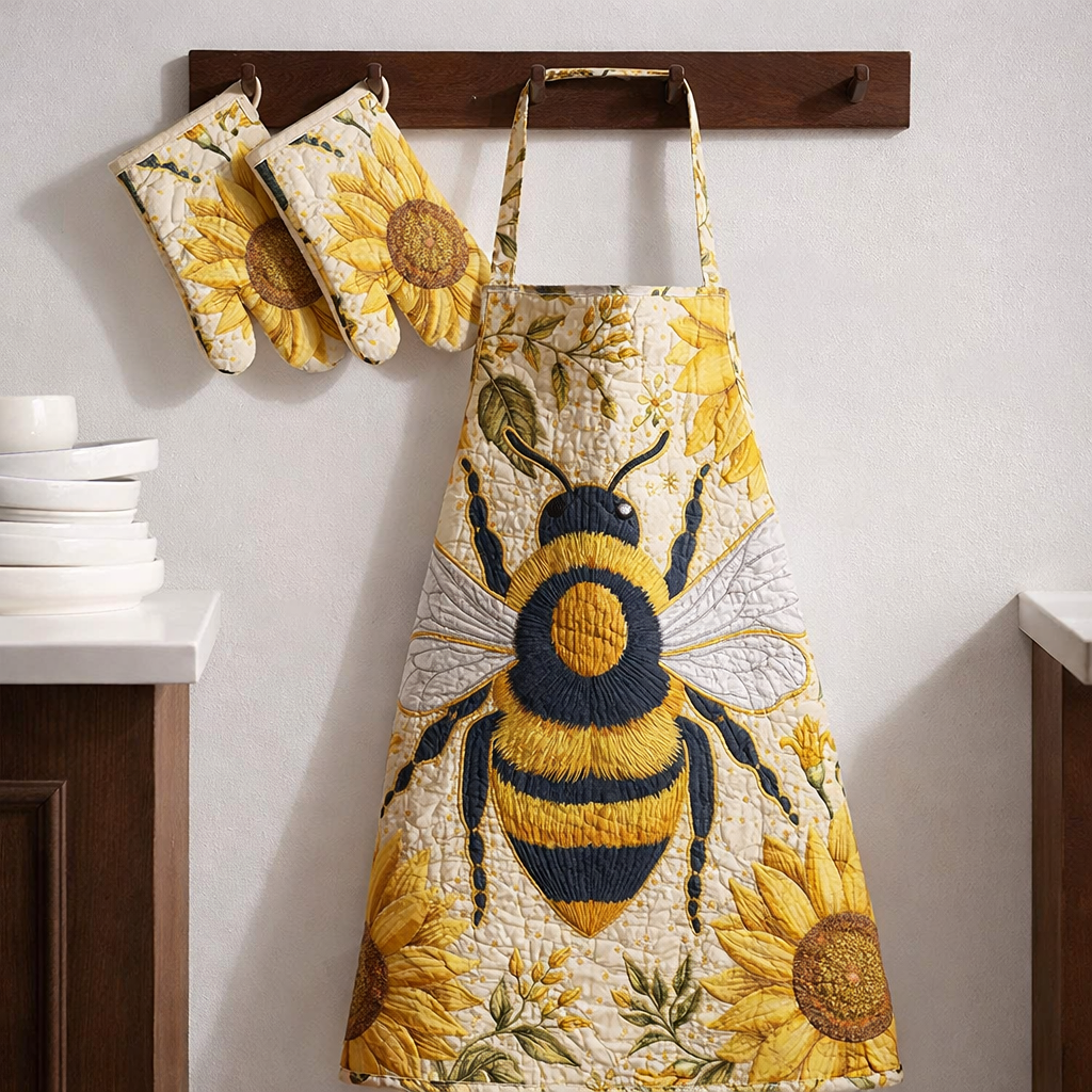 Bees And Sunflowers Quilted Apron Set (2-Piece) – Padded Apron + Heat-Resistant Oven Mitts