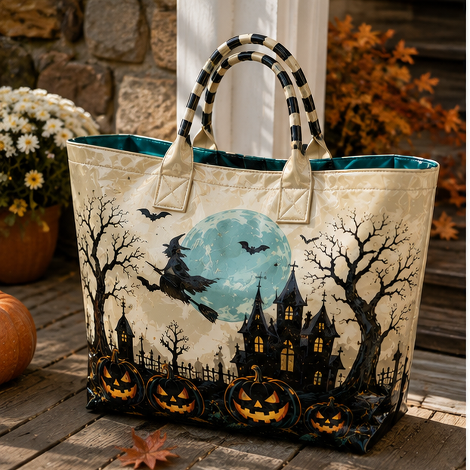 Witch Flying Moon Ghost House PVC Tote Bag
