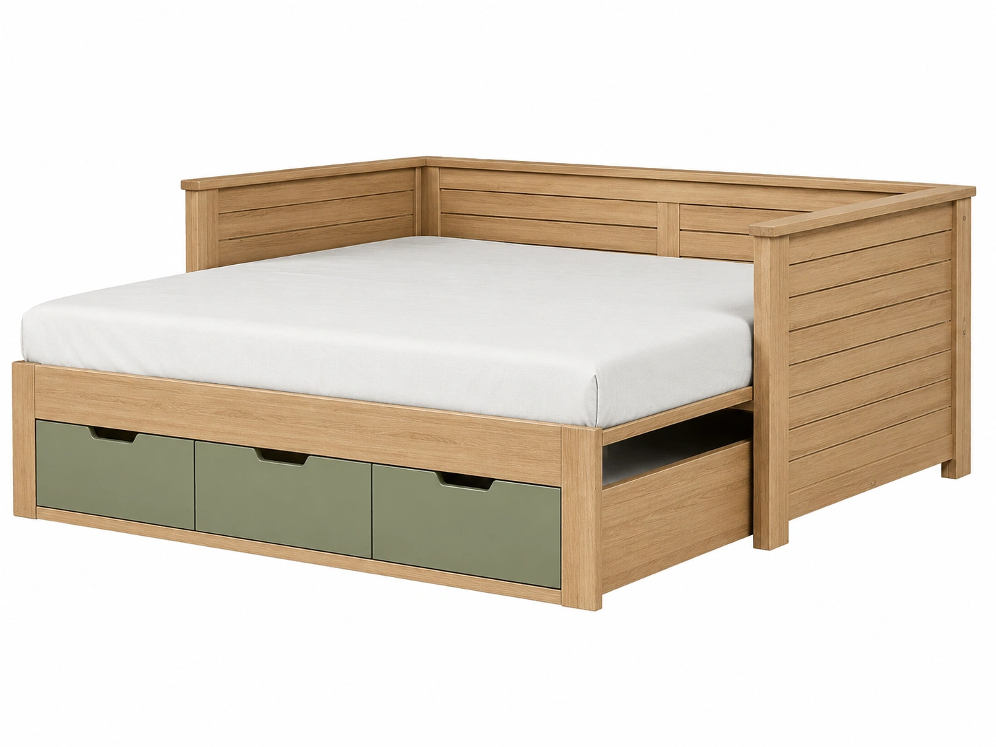 Cama con cajones Verde oliva y madera natural