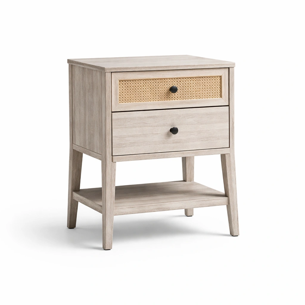 Nachttisch Holz Eiche Hell mit Rattan Schublade-Cozy Oriva