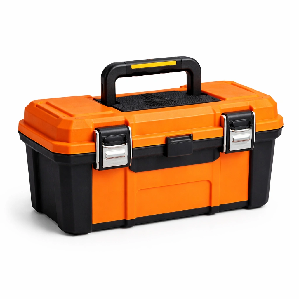 Werkzeugkoffer aus Kunststoff mit Metallverschlüssen in Orange/Schwarz-Cozy Oriva